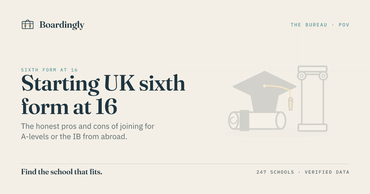 Boardingly editorial card on starting UK sixth form at 16 as an international student.